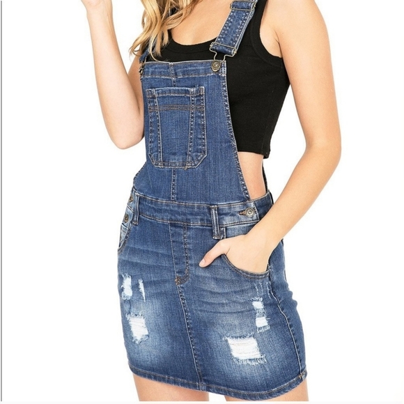 Wax Jeans Women's Juniors Distressed Denim Overall Dress Size Medium. - Picture 1 of 15